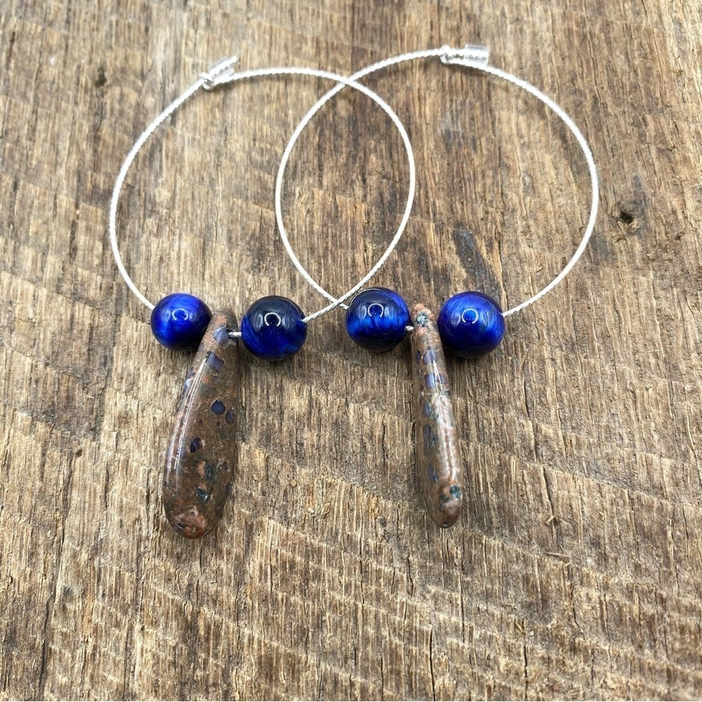 Teardrop Llanite Stone Blue Beaded Sterling Silver Hoop Earrings